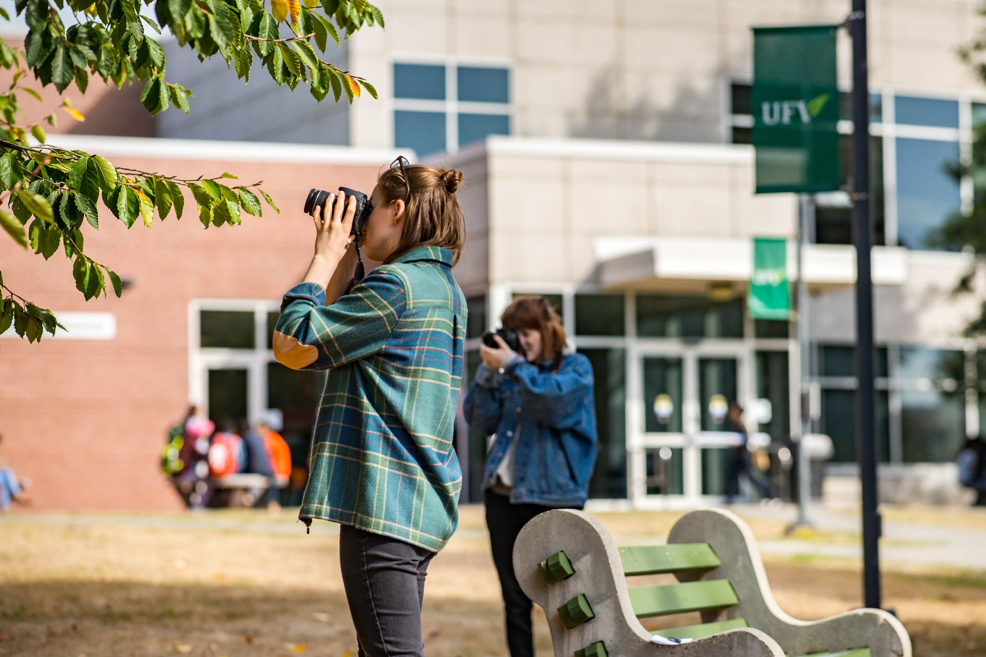 Students outside a University of the Fraser Valley building on the Abbotsford campus