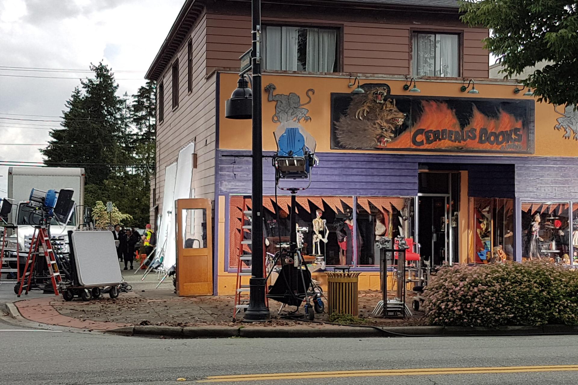 Brightly painted storefront in historic Cloverdale, dressed for a film shoot