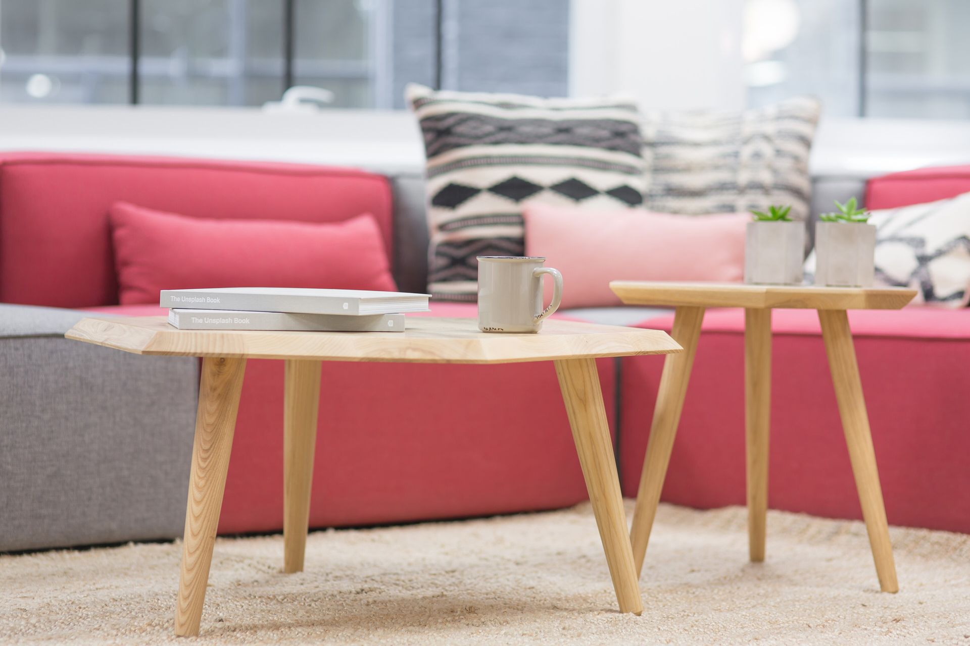 Coffee tables in front of a comfortable sofa