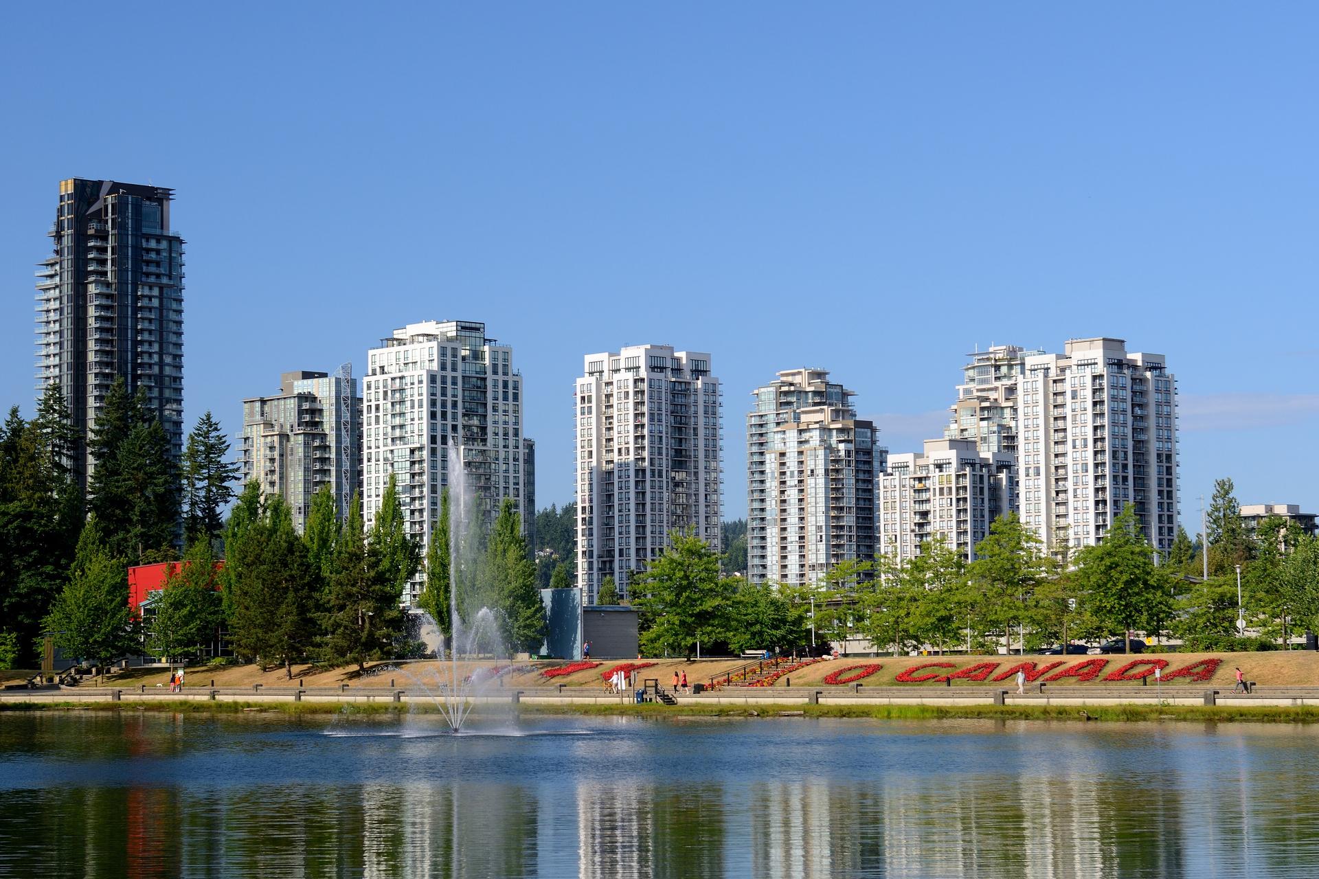 Coquitlam City Centre towers across Lafarge Lake