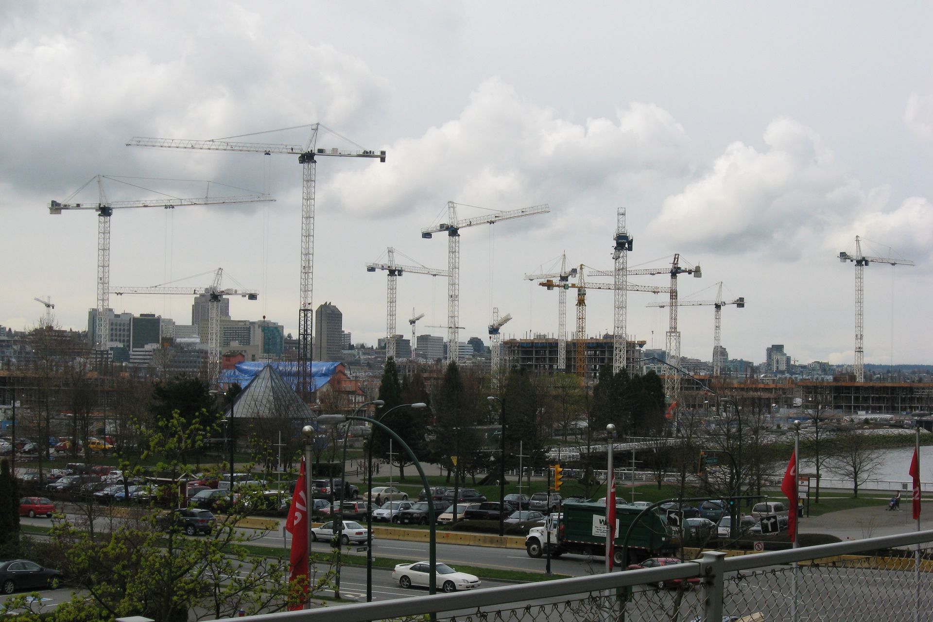 A forest of tower cranes over the Olympic Village construction site in Vancouver, 2008