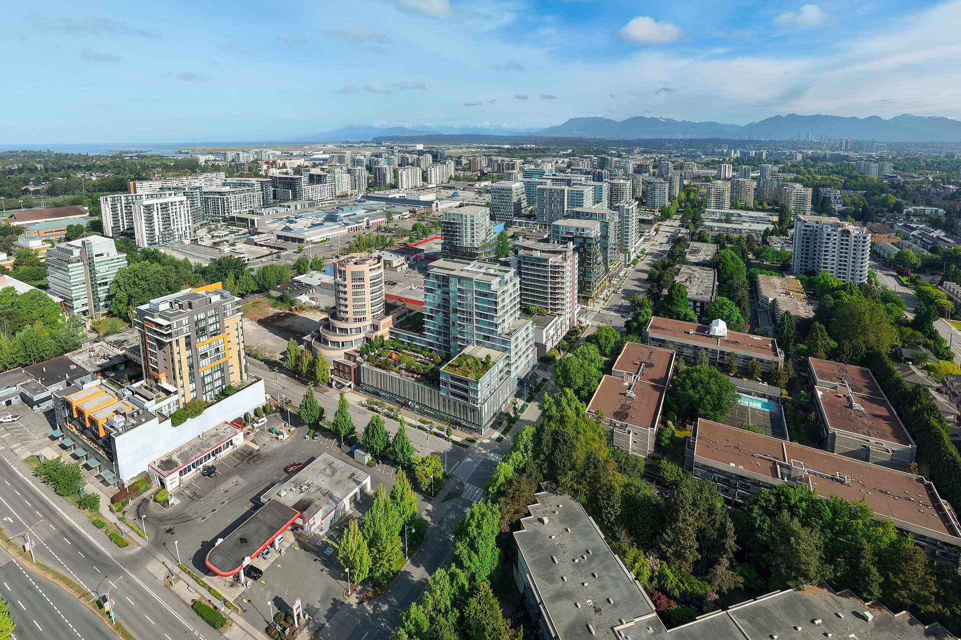 Aerial view of Richmond City Centre with mid-rise and high-rise homes