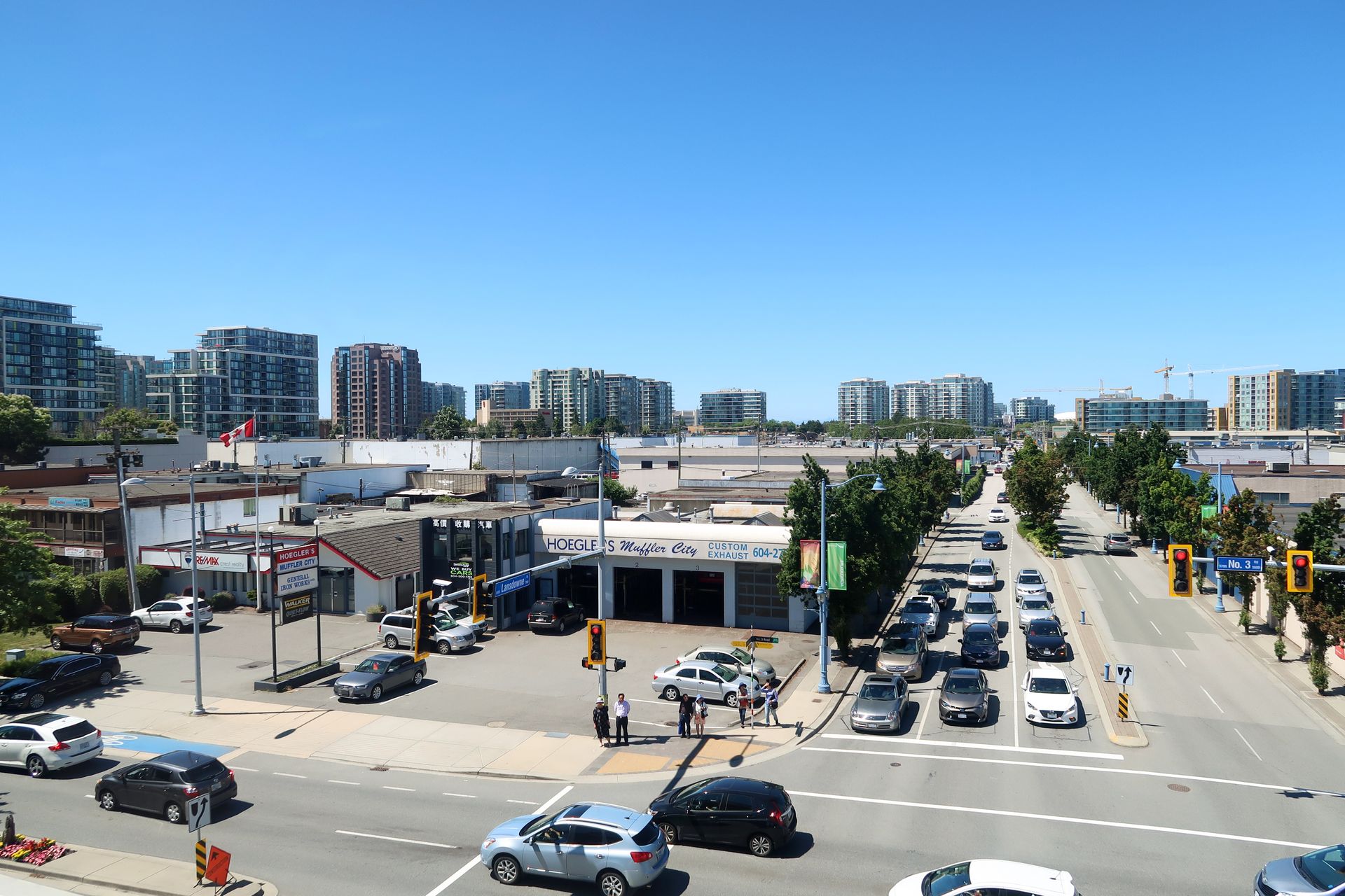 Richmond's city core near Lansdowne station, looking over shops and apartment buildings