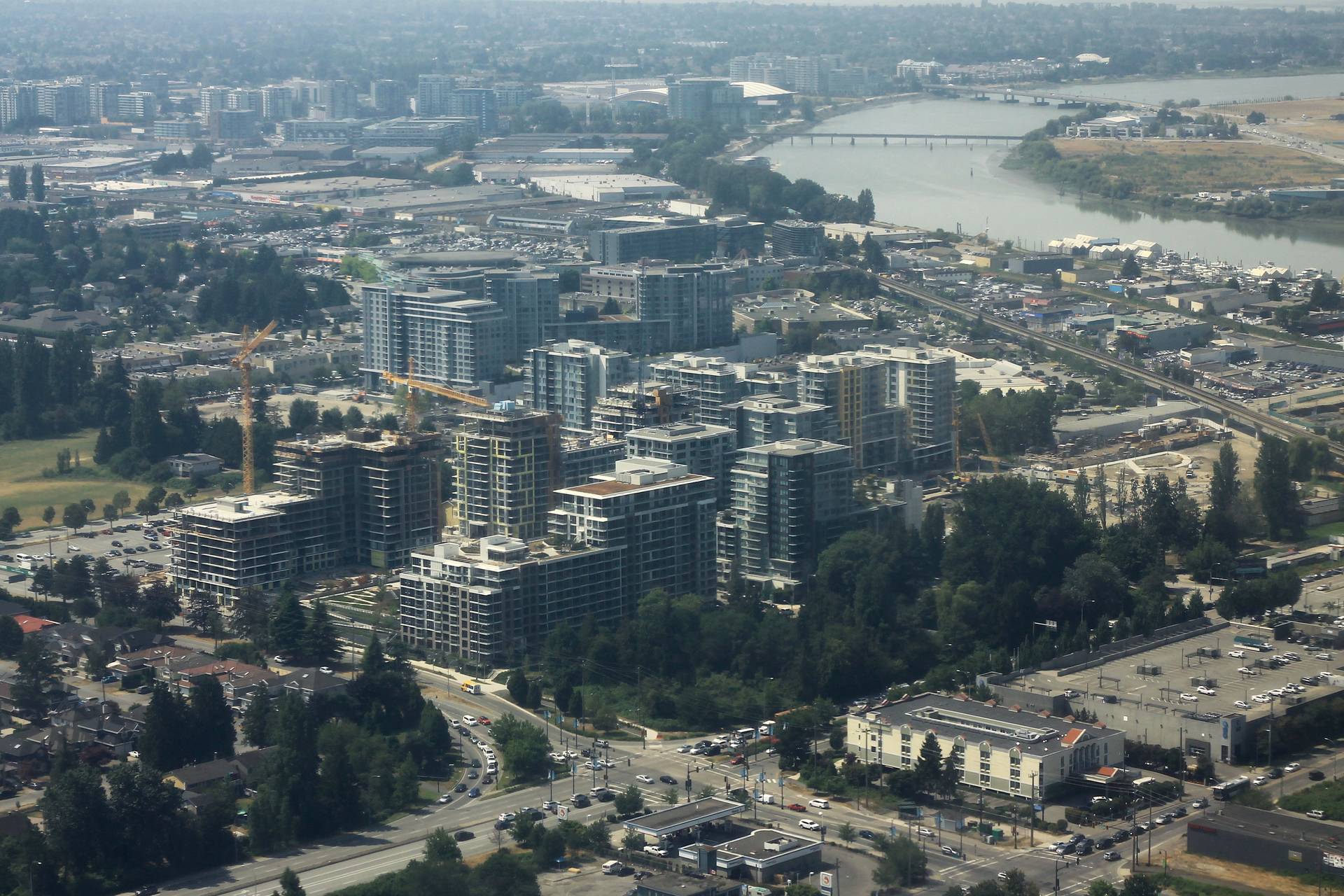 Aerial view of new mid-rise condominium construction in north Richmond near Sea Island Way