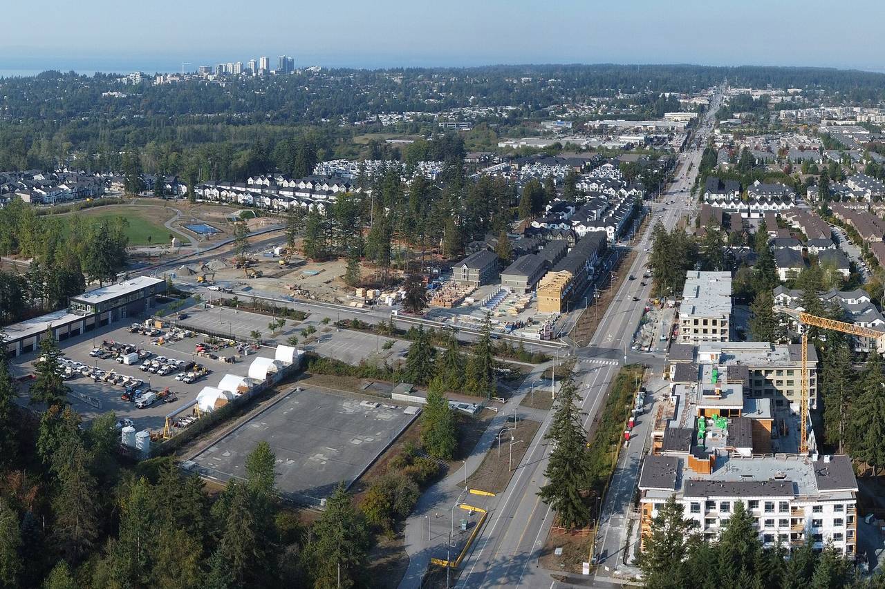 Aerial view over the newer homes and shopping streets of Grandview Heights, South Surrey