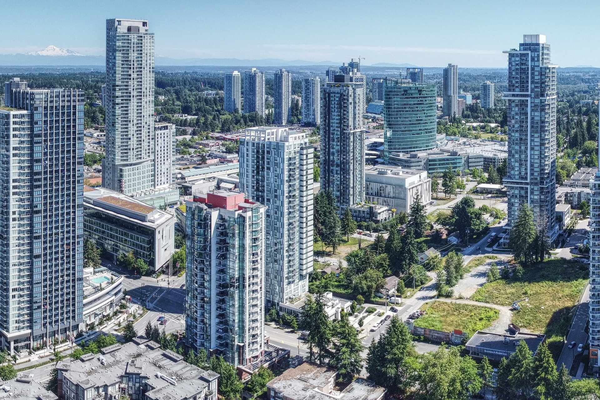 Aerial view of the residential towers around Surrey Central station in Surrey City Centre