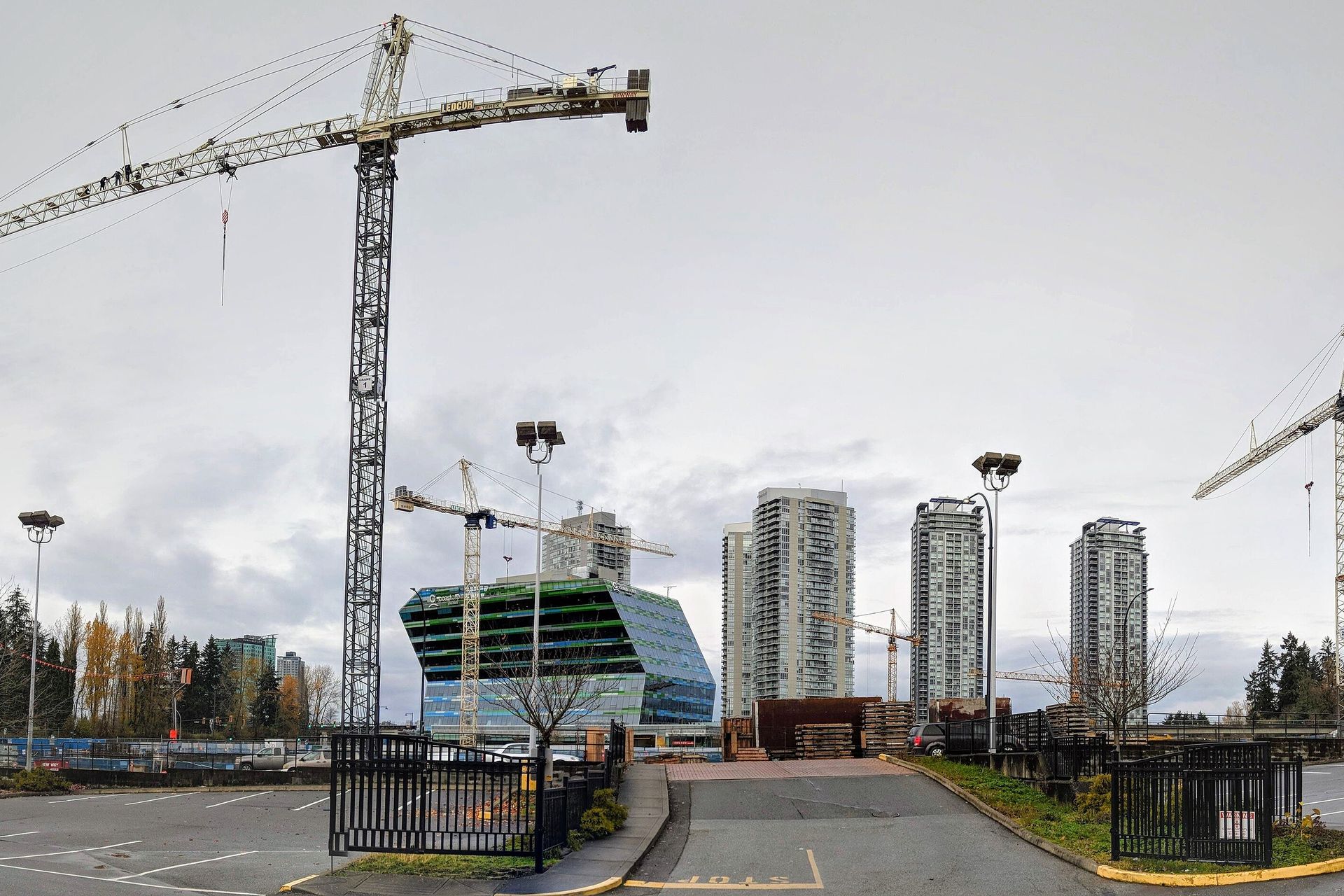 Tower cranes over the second phase of King George Hub, a new condominium development in Surrey