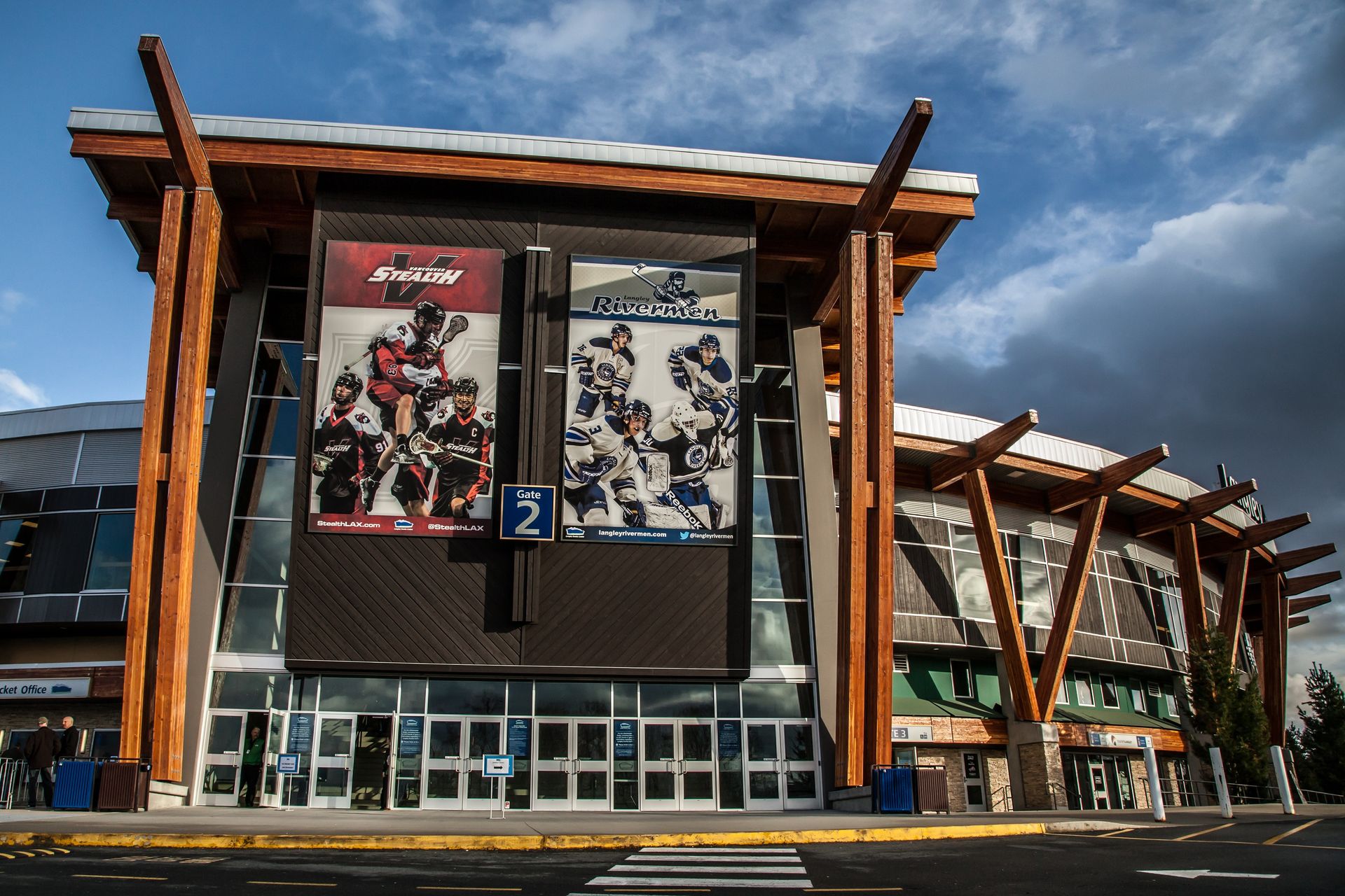 Timber-framed entrance of the Langley Events Centre in Willoughby