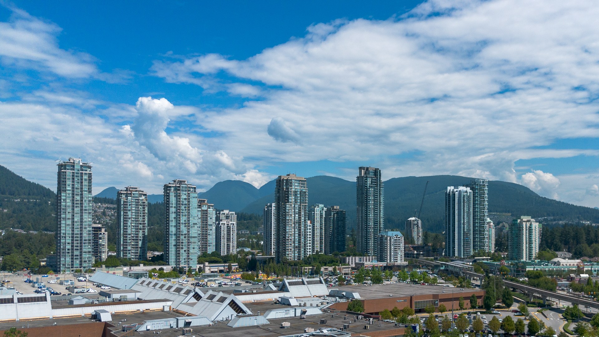 Coquitlam Town Centre with Westwood Plateau and Burke Mountain, photographed in 2025