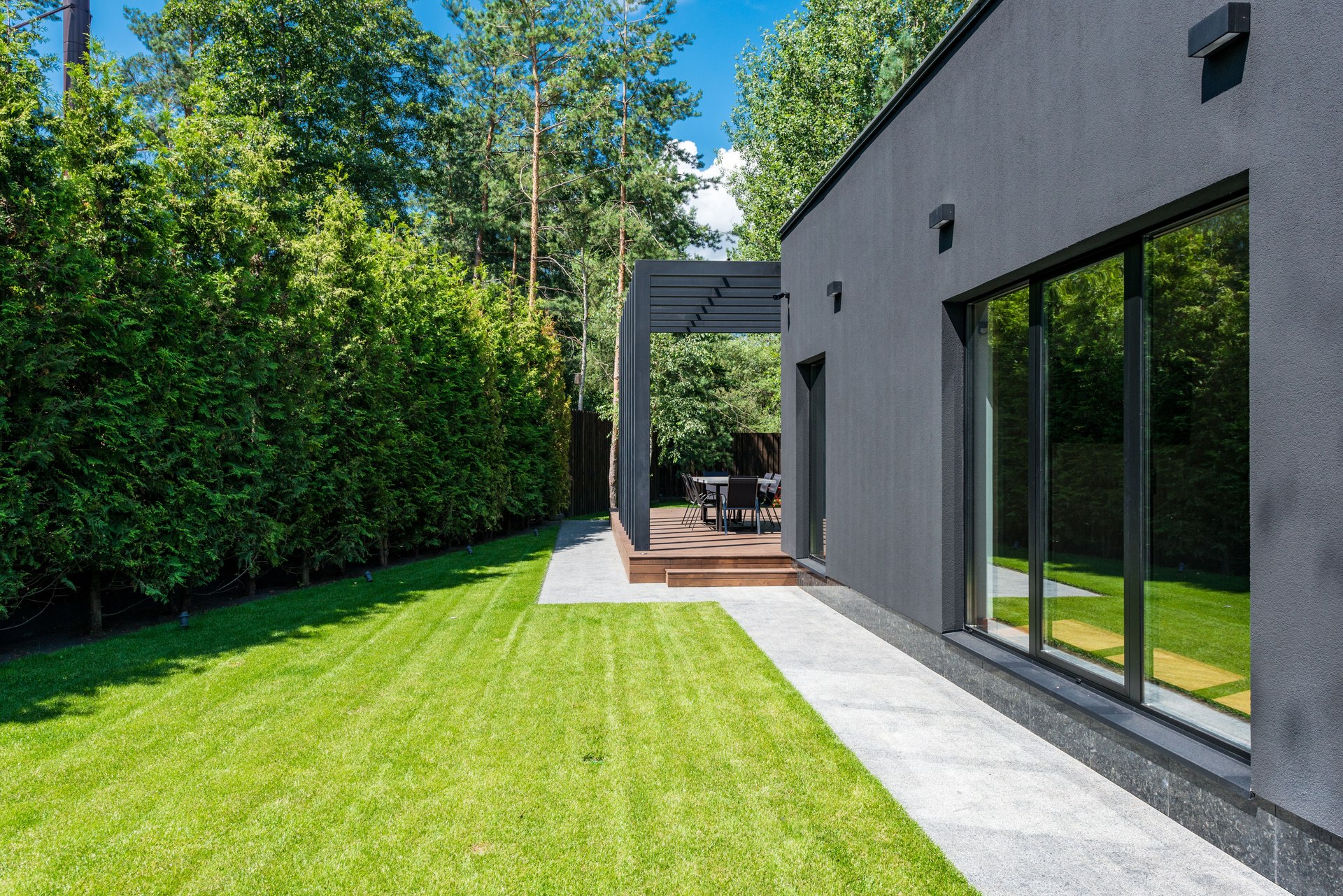 Modern home with a landscaped lawn