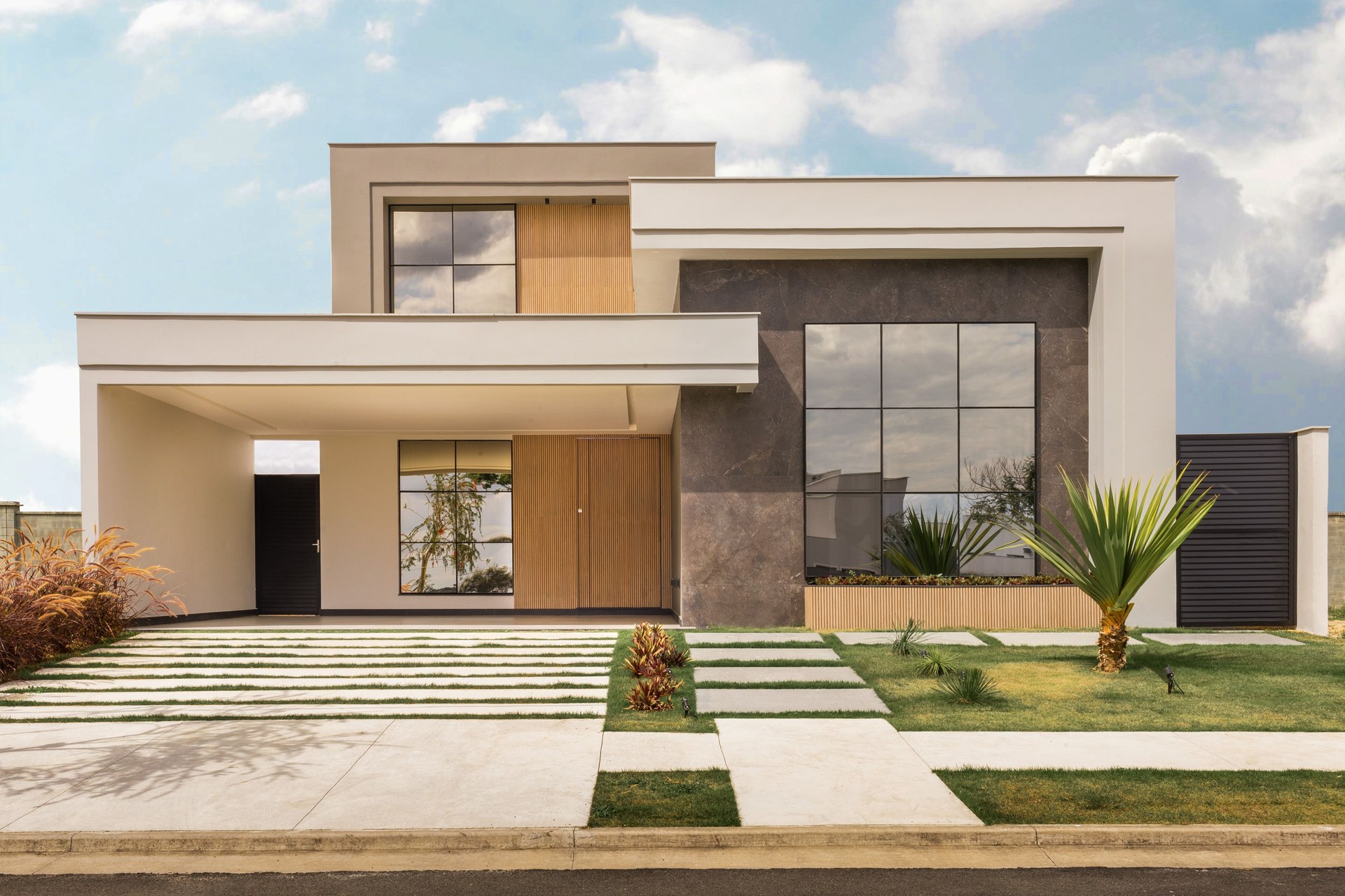 Contemporary family home with a landscaped front walk